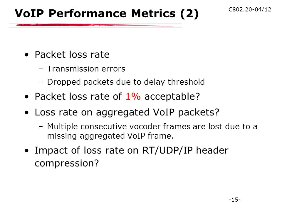 -15- C /12 VoIP Performance Metrics (2) Packet loss rate –Transmission errors –Dropped packets due to delay threshold Packet loss rate of 1% acceptable.