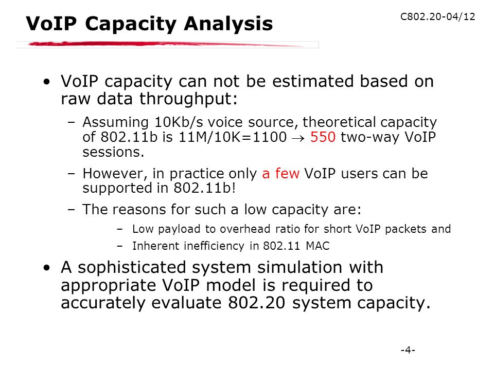 -4- C /12 VoIP Capacity Analysis VoIP capacity can not be estimated based on raw data throughput: –Assuming 10Kb/s voice source, theoretical capacity of b is 11M/10K= two-way VoIP sessions.