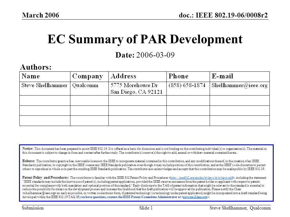 doc.: IEEE /0008r2 Submission March 2006 Steve Shellhammer, QualcommSlide 1 EC Summary of PAR Development Notice: This document has been prepared to assist IEEE