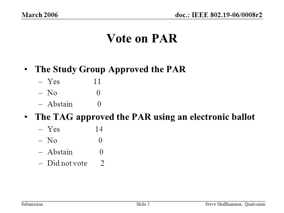 doc.: IEEE /0008r2 Submission March 2006 Steve Shellhammer, QualcommSlide 3 Vote on PAR The Study Group Approved the PAR –Yes 11 –No 0 –Abstain 0 The TAG approved the PAR using an electronic ballot –Yes 14 –No 0 –Abstain 0 –Did not vote 2
