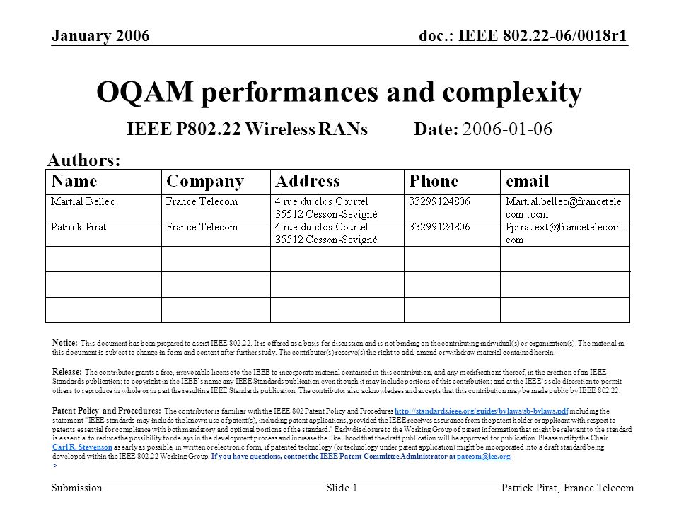 doc.: IEEE /0018r1 Submission January 2006 Patrick Pirat, France TelecomSlide 1 OQAM performances and complexity IEEE P Wireless RANs Date: Authors: Notice: This document has been prepared to assist IEEE