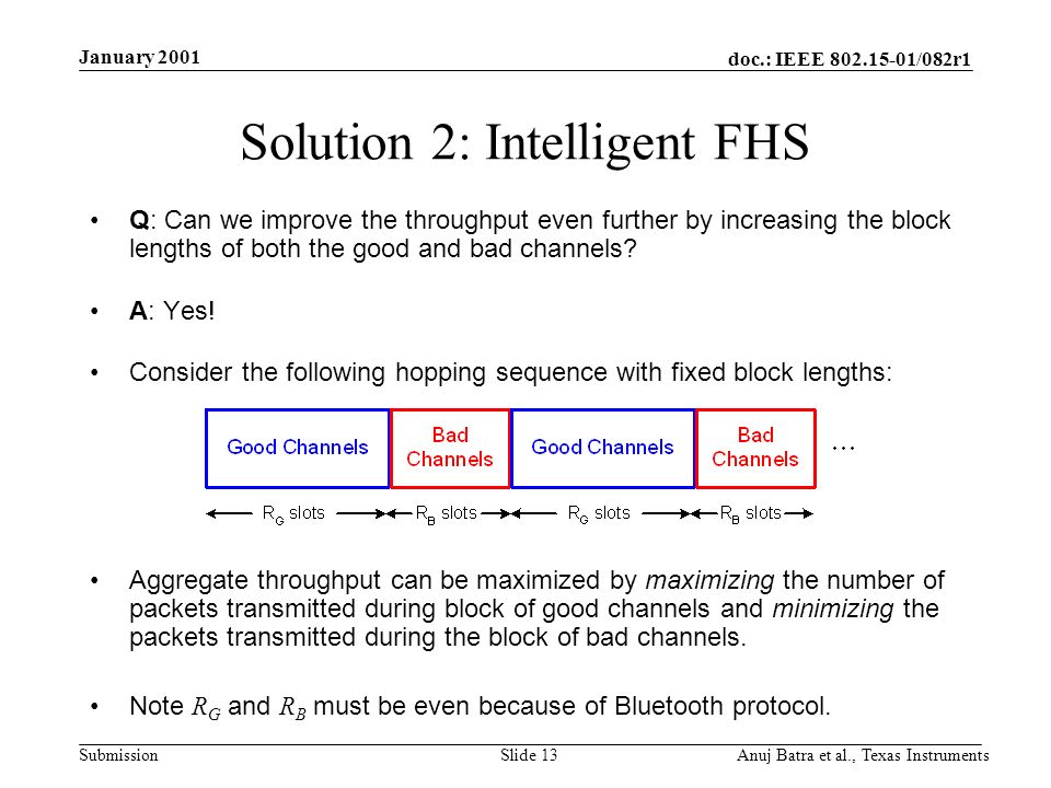 doc.: IEEE /082r1 Submission January 2001 Anuj Batra et al., Texas InstrumentsSlide 13 Solution 2: Intelligent FHS Q: Can we improve the throughput even further by increasing the block lengths of both the good and bad channels.