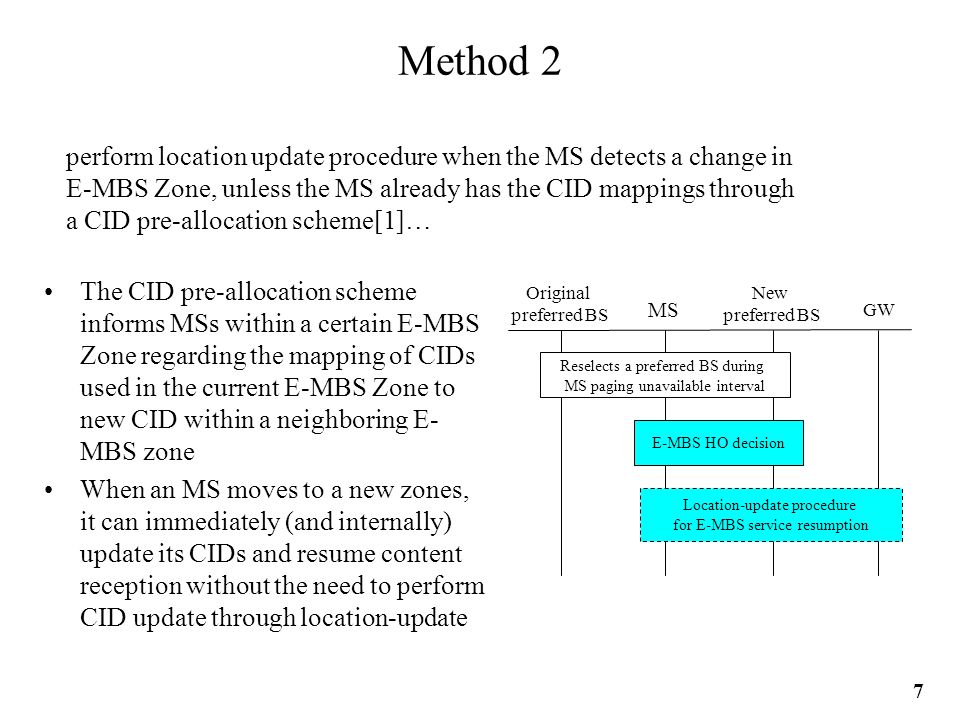 Original preferred BS MS Reselects a preferred BS during MS paging unavailable interval New preferred BS E-MBS HO decision GW Location-update procedure for E-MBS service resumption The CID pre-allocation scheme informs MSs within a certain E-MBS Zone regarding the mapping of CIDs used in the current E-MBS Zone to new CID within a neighboring E- MBS zone When an MS moves to a new zones, it can immediately (and internally) update its CIDs and resume content reception without the need to perform CID update through location-update Method 2 perform location update procedure when the MS detects a change in E-MBS Zone, unless the MS already has the CID mappings through a CID pre-allocation scheme[1]… 7