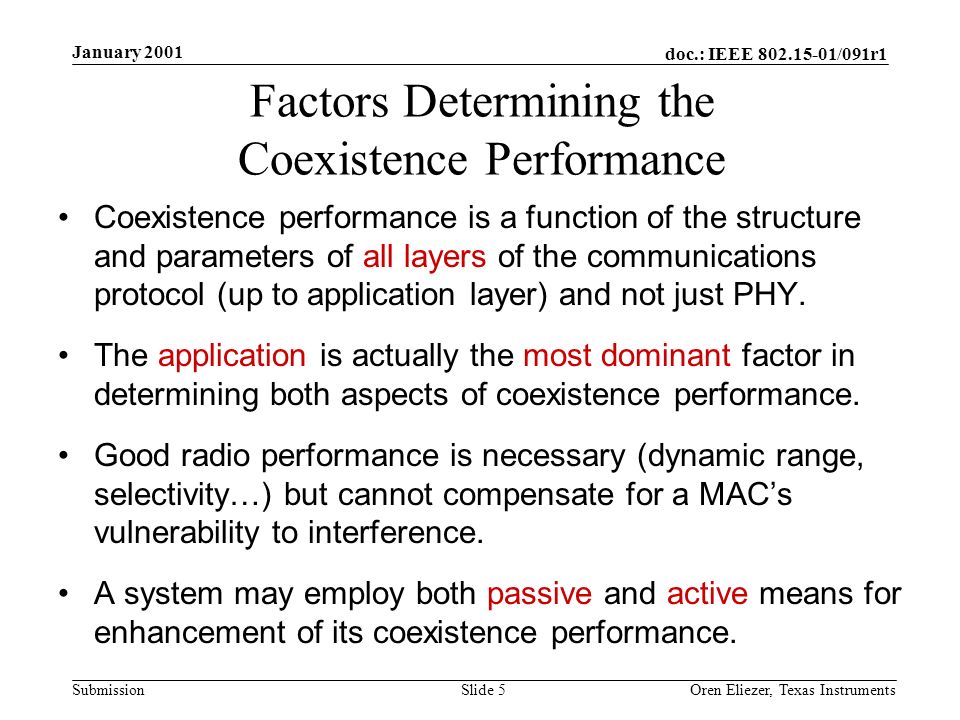doc.: IEEE /091r1 Submission January 2001 Oren Eliezer, Texas Instruments Slide 5 Factors Determining the Coexistence Performance Coexistence performance is a function of the structure and parameters of all layers of the communications protocol (up to application layer) and not just PHY.