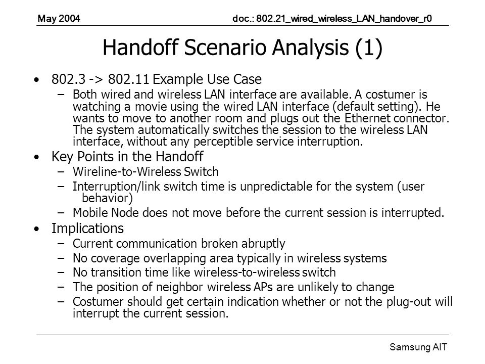 May 2004 doc.: _wired_wireless_LAN_handover_r0 Samsung AIT Handoff Scenario Analysis (1) > Example Use Case –Both wired and wireless LAN interface are available.