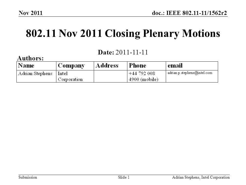 doc.: IEEE /1562r2 Submission Nov 2011 Adrian Stephens, Intel CorporationSlide Nov 2011 Closing Plenary Motions Date: Authors: