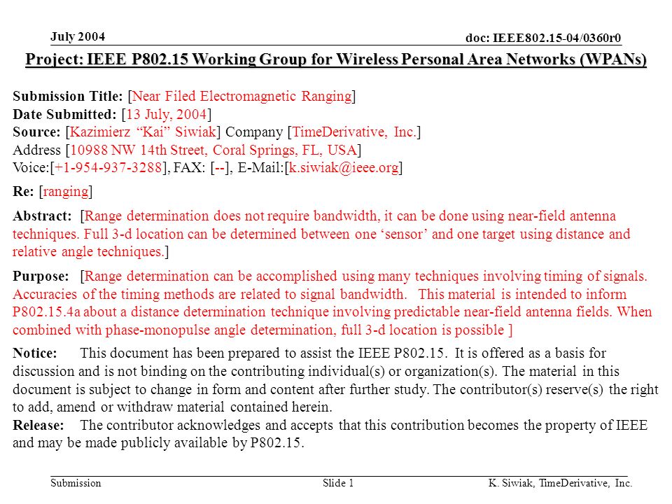 doc: IEEE /0360r0 Submission July 2004 K.