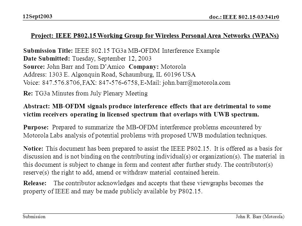 doc.: IEEE /341r0 Submission 12Sept2003 John R.