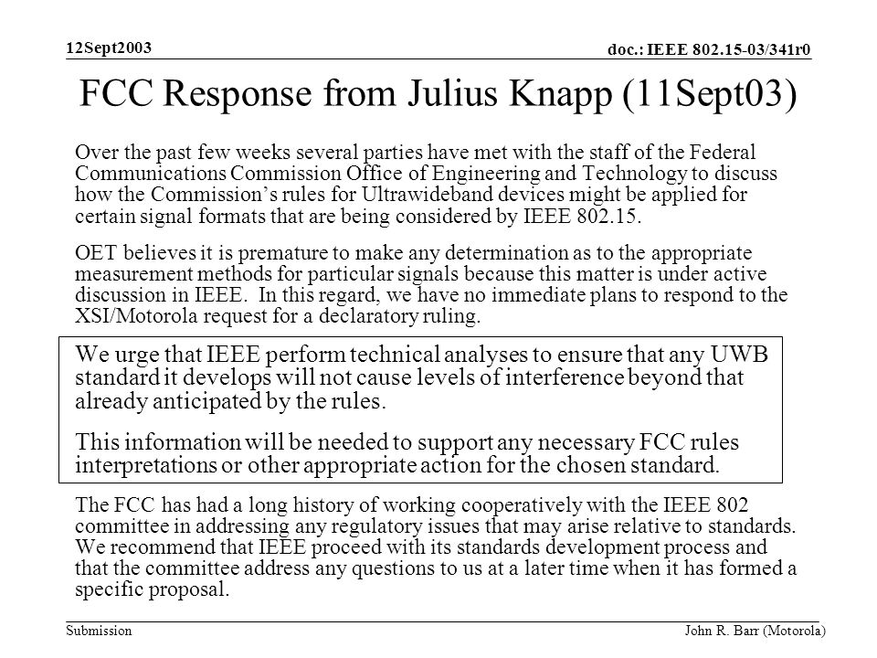 doc.: IEEE /341r0 Submission 12Sept2003 John R.