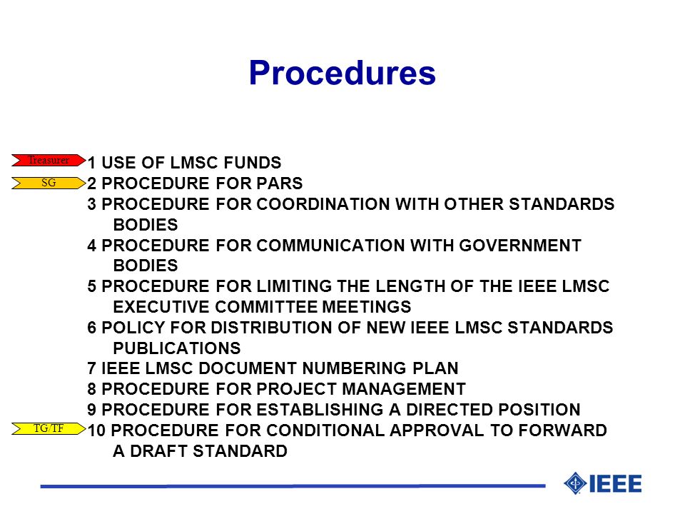 Procedures 1 USE OF LMSC FUNDS 2 PROCEDURE FOR PARS 3 PROCEDURE FOR COORDINATION WITH OTHER STANDARDS BODIES 4 PROCEDURE FOR COMMUNICATION WITH GOVERNMENT BODIES 5 PROCEDURE FOR LIMITING THE LENGTH OF THE IEEE LMSC EXECUTIVE COMMITTEE MEETINGS 6 POLICY FOR DISTRIBUTION OF NEW IEEE LMSC STANDARDS PUBLICATIONS 7 IEEE LMSC DOCUMENT NUMBERING PLAN 8 PROCEDURE FOR PROJECT MANAGEMENT 9 PROCEDURE FOR ESTABLISHING A DIRECTED POSITION 10 PROCEDURE FOR CONDITIONAL APPROVAL TO FORWARD A DRAFT STANDARD Treasurer SG TG/TF