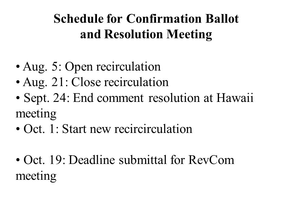 Schedule for Confirmation Ballot and Resolution Meeting Aug.