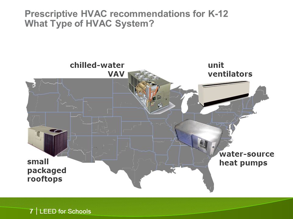 LEED for Schools 7 4b small packaged rooftops unit ventilators water-source heat pumps Prescriptive HVAC recommendations for K-12 What Type of HVAC System.