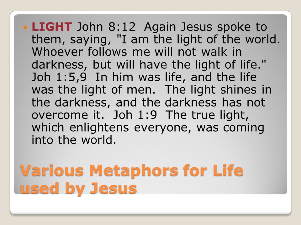 Various Metaphors for Life used by Jesus LIGHT John 8:12 Again Jesus spoke to them, saying, I am the light of the world.