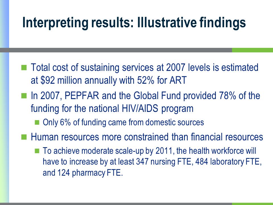 Interpreting results: Illustrative findings Total cost of sustaining services at 2007 levels is estimated at $92 million annually with 52% for ART In 2007, PEPFAR and the Global Fund provided 78% of the funding for the national HIV/AIDS program Only 6% of funding came from domestic sources Human resources more constrained than financial resources To achieve moderate scale-up by 2011, the health workforce will have to increase by at least 347 nursing FTE, 484 laboratory FTE, and 124 pharmacy FTE.