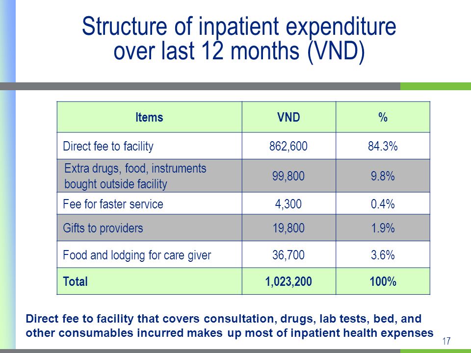 17 Structure of inpatient expenditure over last 12 months (VND) ItemsVND% Direct fee to facility862, % Extra drugs, food, instruments bought outside facility 99,8009.8% Fee for faster service4,3000.4% Gifts to providers19,8001.9% Food and lodging for care giver36,7003.6% Total1,023,200100% Direct fee to facility that covers consultation, drugs, lab tests, bed, and other consumables incurred makes up most of inpatient health expenses