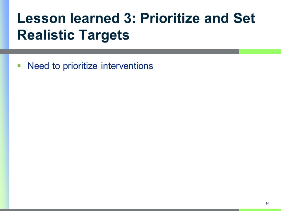 Lesson learned 3: Prioritize and Set Realistic Targets Need to prioritize interventions 14