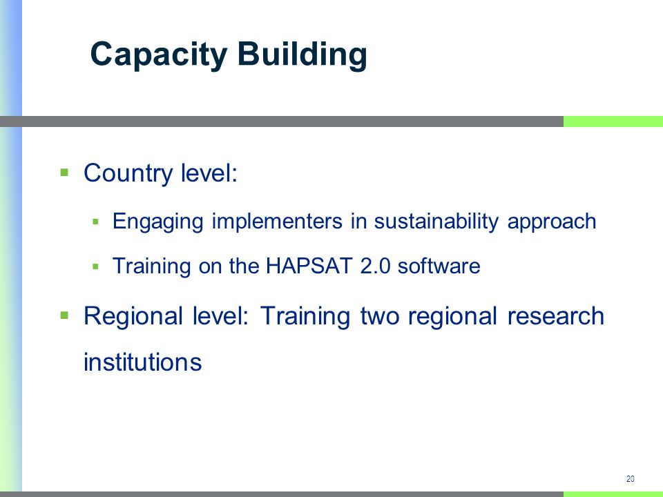 Capacity Building Country level: Engaging implementers in sustainability approach Training on the HAPSAT 2.0 software Regional level: Training two regional research institutions 20