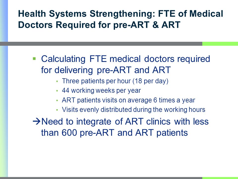 Health Systems Strengthening: FTE of Medical Doctors Required for pre-ART & ART Calculating FTE medical doctors required for delivering pre-ART and ART Three patients per hour (18 per day) 44 working weeks per year ART patients visits on average 6 times a year Visits evenly distributed during the working hours Need to integrate of ART clinics with less than 600 pre-ART and ART patients
