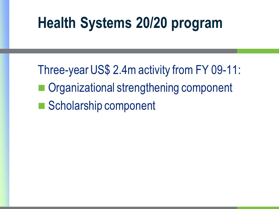 Health Systems 20/20 program Three-year US$ 2.4m activity from FY 09-11: Organizational strengthening component Scholarship component