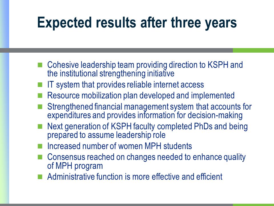 Expected results after three years Cohesive leadership team providing direction to KSPH and the institutional strengthening initiative IT system that provides reliable internet access Resource mobilization plan developed and implemented Strengthened financial management system that accounts for expenditures and provides information for decision-making Next generation of KSPH faculty completed PhDs and being prepared to assume leadership role Increased number of women MPH students Consensus reached on changes needed to enhance quality of MPH program Administrative function is more effective and efficient