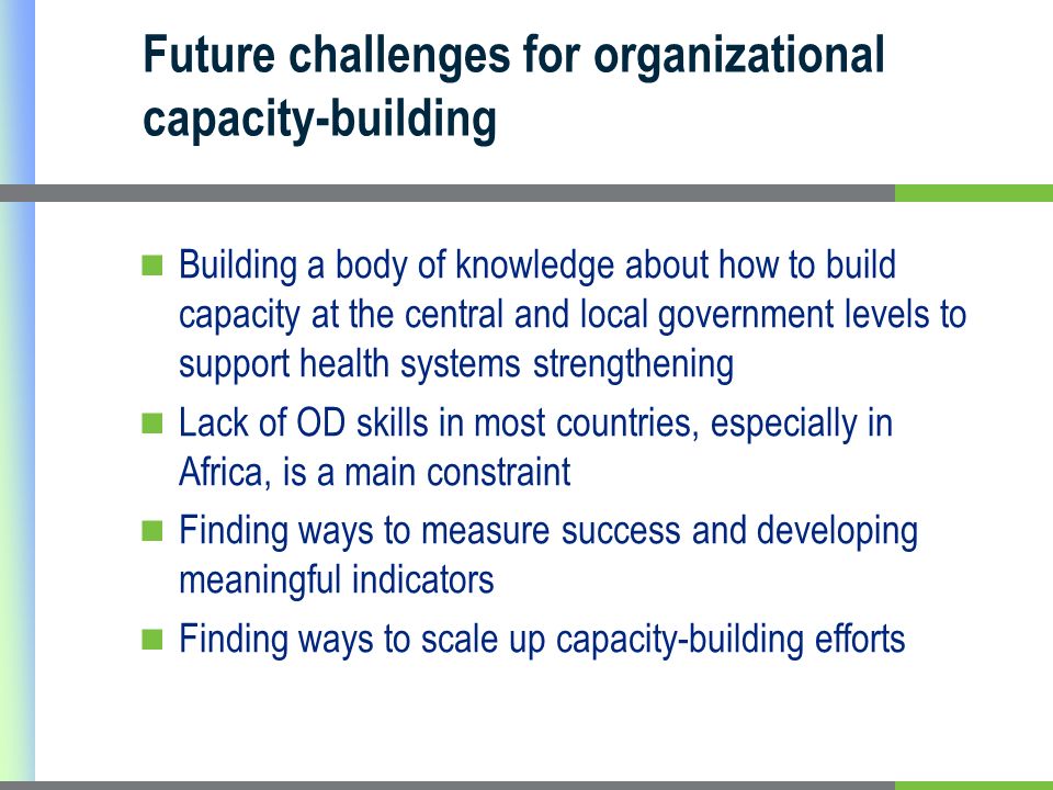 Future challenges for organizational capacity-building Building a body of knowledge about how to build capacity at the central and local government levels to support health systems strengthening Lack of OD skills in most countries, especially in Africa, is a main constraint Finding ways to measure success and developing meaningful indicators Finding ways to scale up capacity-building efforts