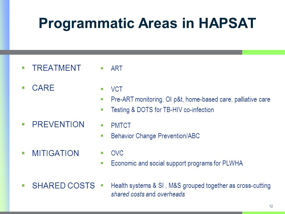 12 Programmatic Areas in HAPSAT TREATMENT CARE PREVENTION MITIGATION SHARED COSTS ART VCT Pre-ART monitoring, OI p&t, home-based care, palliative care Testing & DOTS for TB-HIV co-infection PMTCT Behavior Change Prevention/ABC OVC Economic and social support programs for PLWHA Health systems & SI, M&S grouped together as cross-cutting shared costs and overheads