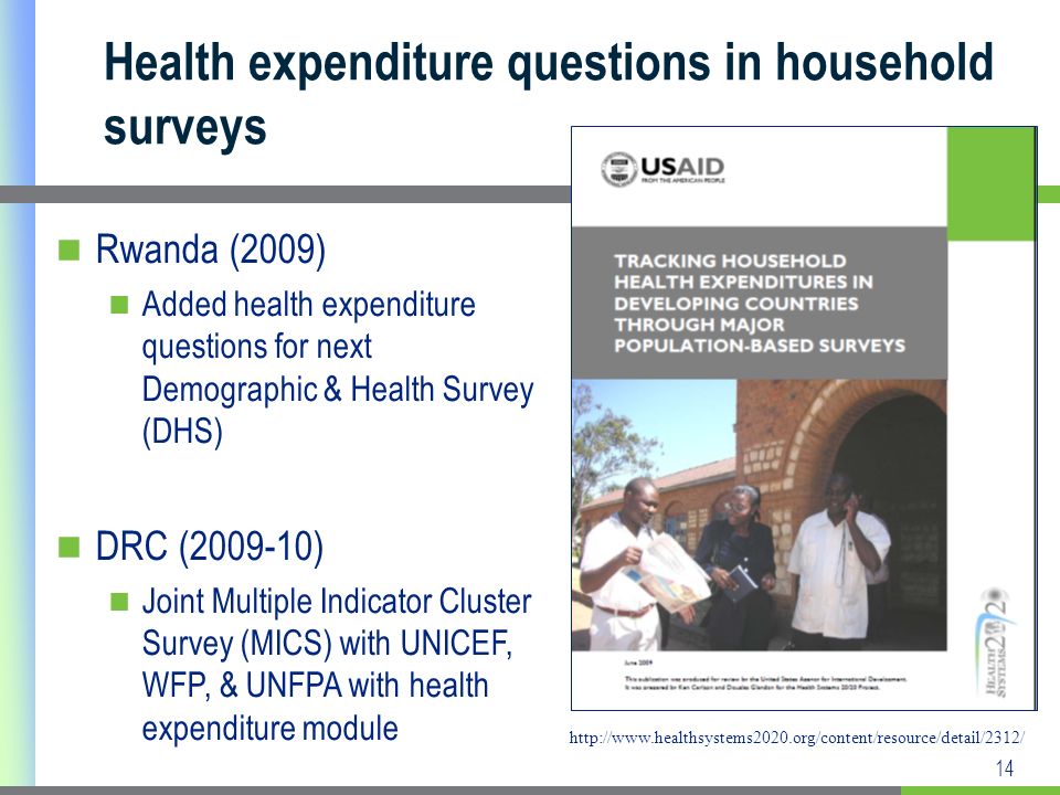 14 Health expenditure questions in household surveys Rwanda (2009) Added health expenditure questions for next Demographic & Health Survey (DHS) DRC ( ) Joint Multiple Indicator Cluster Survey (MICS) with UNICEF, WFP, & UNFPA with health expenditure module