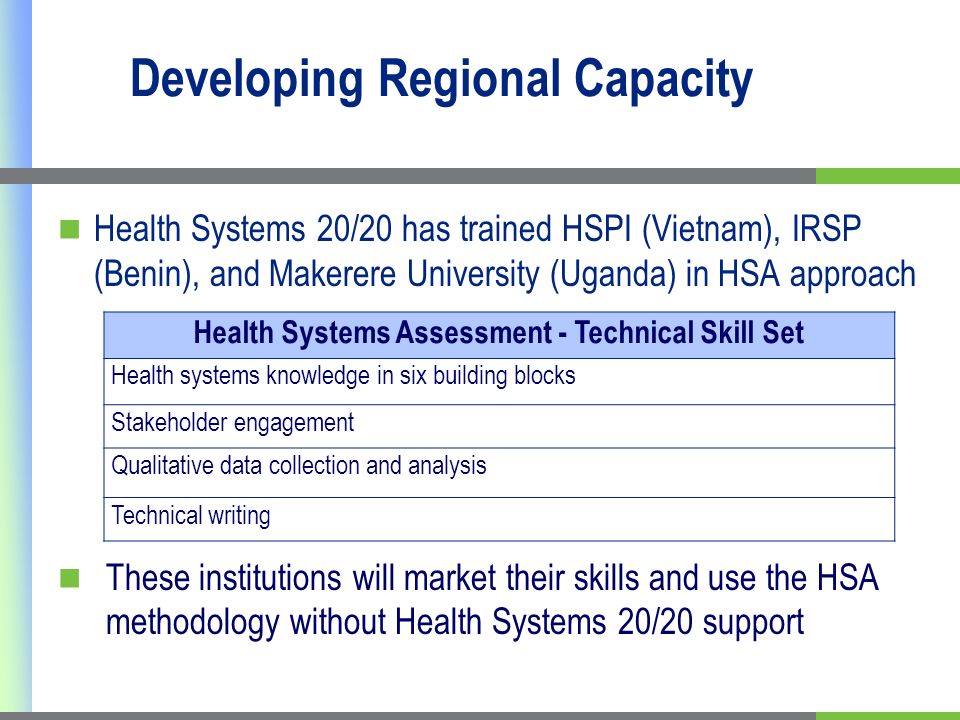 Developing Regional Capacity Health Systems 20/20 has trained HSPI (Vietnam), IRSP (Benin), and Makerere University (Uganda) in HSA approach These institutions will market their skills and use the HSA methodology without Health Systems 20/20 support Health Systems Assessment - Technical Skill Set Health systems knowledge in six building blocks Stakeholder engagement Qualitative data collection and analysis Technical writing