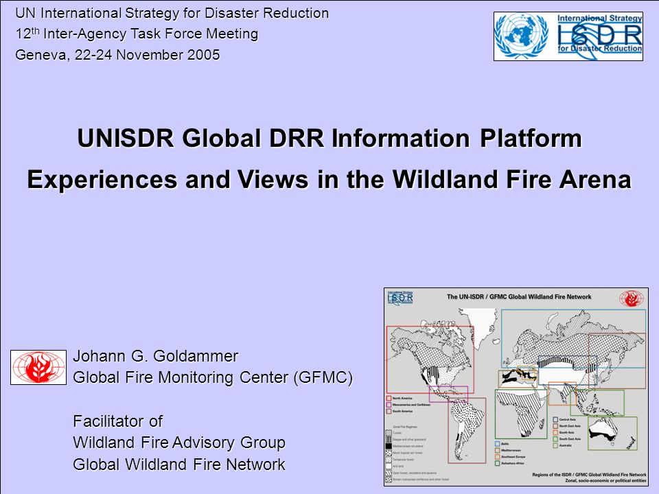 UN International Strategy for Disaster Reduction UN International Strategy for Disaster Reduction 12 th Inter-Agency Task Force Meeting 12 th Inter-Agency Task Force Meeting Geneva, November 2005 Geneva, November 2005 UNISDR Global DRR Information Platform Experiences and Views in the Wildland Fire Arena Johann G.