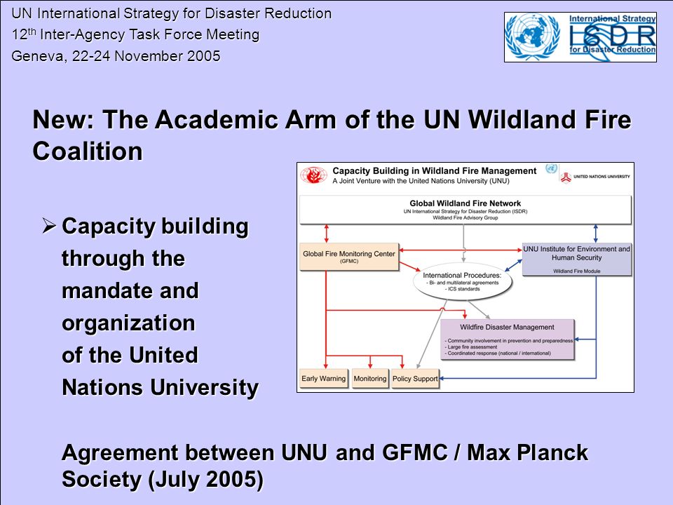 UN International Strategy for Disaster Reduction UN International Strategy for Disaster Reduction 12 th Inter-Agency Task Force Meeting 12 th Inter-Agency Task Force Meeting Geneva, November 2005 Geneva, November 2005 New: The Academic Arm of the UN Wildland Fire Coalition Capacity building Capacity building through the mandate and organization of the United Nations University Agreement between UNU and GFMC / Max Planck Society (July 2005)