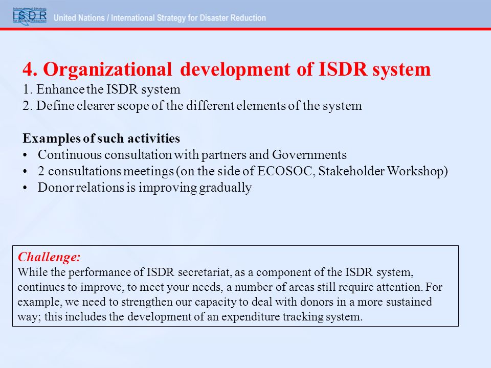 4. Organizational development of ISDR system 1. Enhance the ISDR system 2.