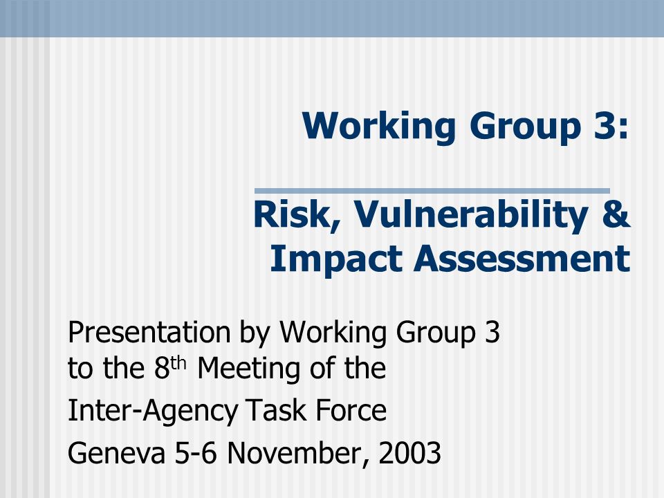 Working Group 3: Risk, Vulnerability & Impact Assessment Presentation by Working Group 3 to the 8 th Meeting of the Inter-Agency Task Force Geneva 5-6 November, 2003