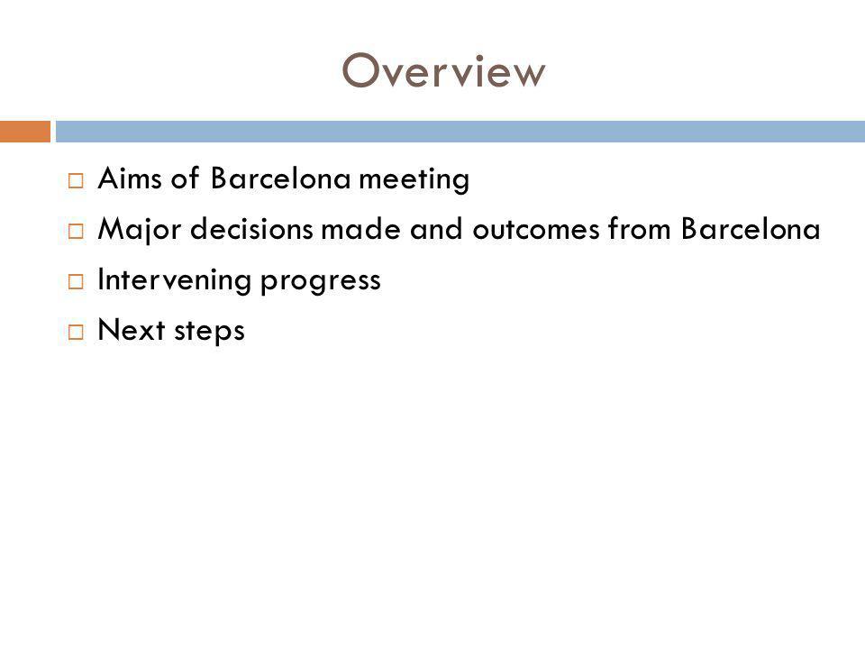 Overview Aims of Barcelona meeting Major decisions made and outcomes from Barcelona Intervening progress Next steps