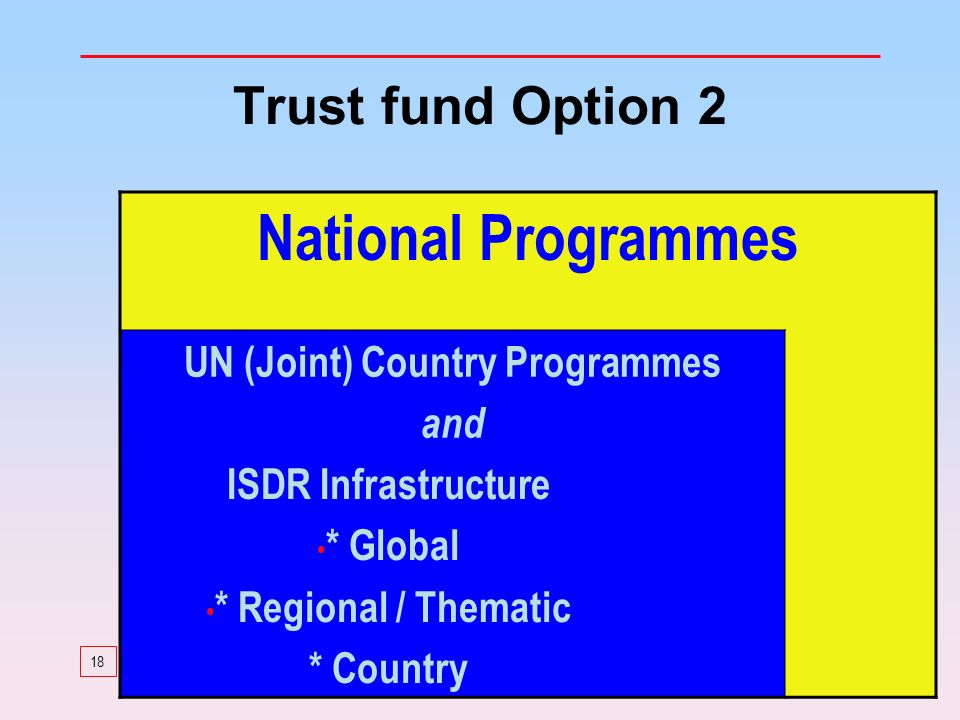 18 National Programmes UN (Joint) Country Programmes and ISDR Infrastructure * Global * Regional / Thematic * Country Trust fund Option 2