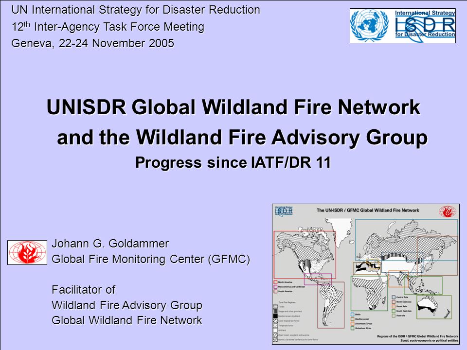 UN International Strategy for Disaster Reduction UN International Strategy for Disaster Reduction 12 th Inter-Agency Task Force Meeting 12 th Inter-Agency Task Force Meeting Geneva, November 2005 Geneva, November 2005 UNISDR Global Wildland Fire Network and the Wildland Fire Advisory Group Progress since IATF/DR 11 Johann G.