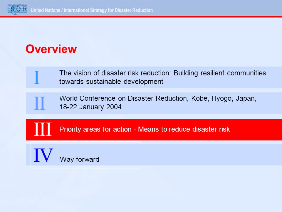 Overview I The vision of disaster risk reduction: Building resilient communities towards sustainable development II World Conference on Disaster Reduction, Kobe, Hyogo, Japan, January 2004 III Priority areas for action - Means to reduce disaster risk IV Way forward