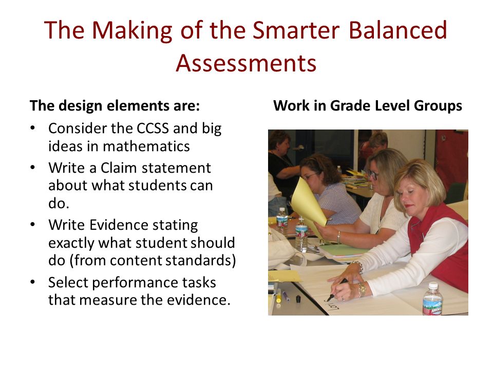 The Making of the Smarter Balanced Assessments The design elements are: Consider the CCSS and big ideas in mathematics Write a Claim statement about what students can do.