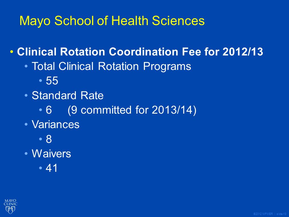 ©2012 MFMER | slide-13 Mayo School of Health Sciences Clinical Rotation Coordination Fee for 2012/13 Total Clinical Rotation Programs 55 Standard Rate 6 (9 committed for 2013/14) Variances 8 Waivers 41