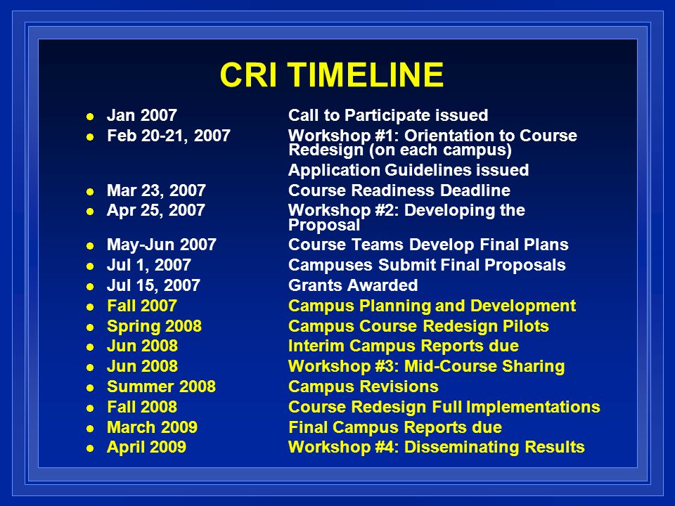 CRI TIMELINE Jan 2007Call to Participate issued Feb 20-21, 2007Workshop #1: Orientation to Course Redesign (on each campus) Application Guidelines issued Mar 23, 2007 Course Readiness Deadline Apr 25, 2007 Workshop #2: Developing the Proposal May-Jun 2007Course Teams Develop Final Plans Jul 1, 2007Campuses Submit Final Proposals Jul 15, 2007 Grants Awarded Fall 2007Campus Planning and Development Spring 2008Campus Course Redesign Pilots Jun 2008 Interim Campus Reports due Jun 2008Workshop #3: Mid-Course Sharing Summer 2008Campus Revisions Fall 2008Course Redesign Full Implementations March 2009Final Campus Reports due April 2009Workshop #4: Disseminating Results