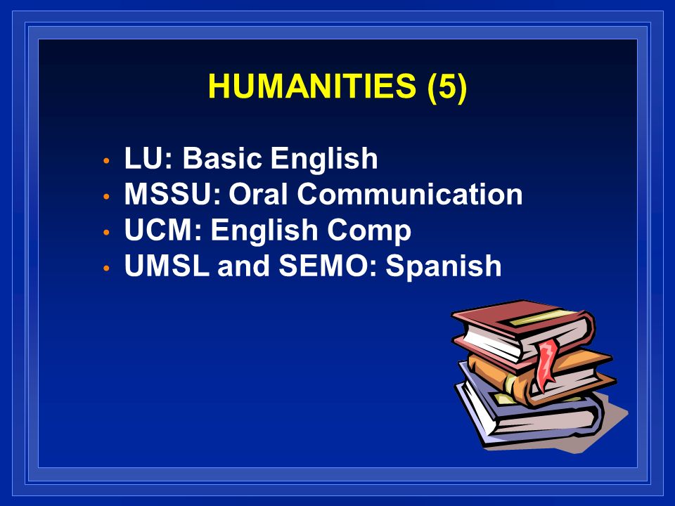HUMANITIES (5) LU: Basic English MSSU: Oral Communication UCM: English Comp UMSL and SEMO: Spanish