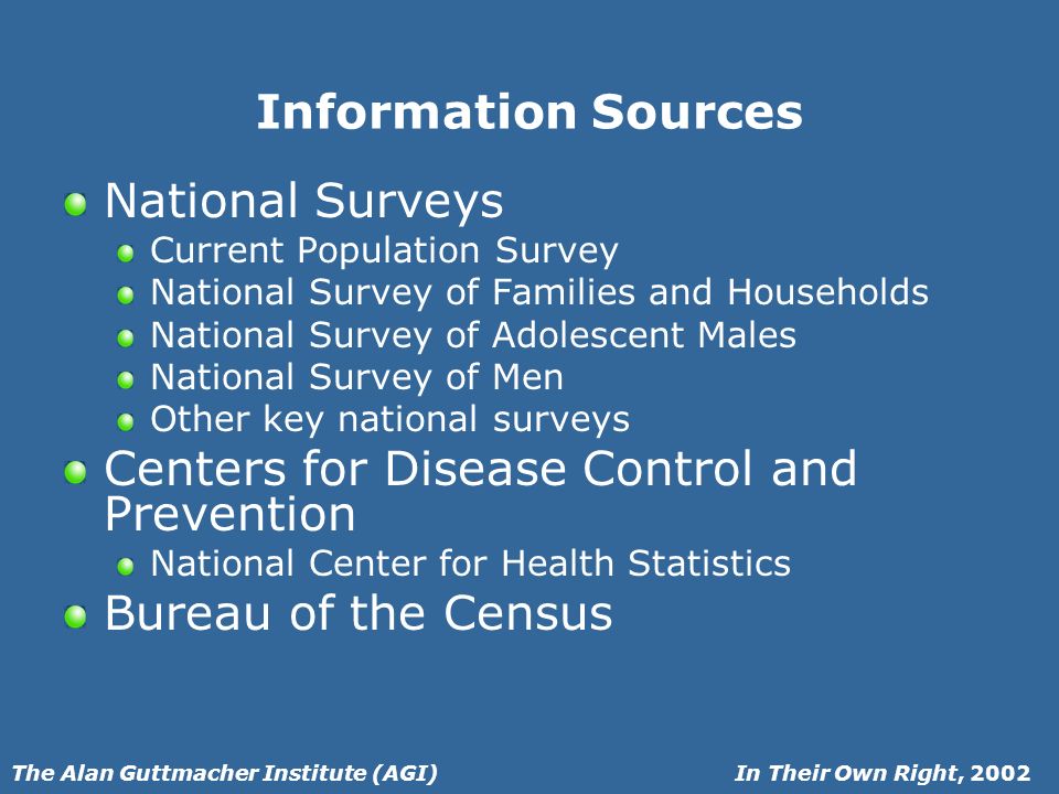 In Their Own Right, 2002The Alan Guttmacher Institute (AGI) Information Sources National Surveys Current Population Survey National Survey of Families and Households National Survey of Adolescent Males National Survey of Men Other key national surveys Centers for Disease Control and Prevention National Center for Health Statistics Bureau of the Census