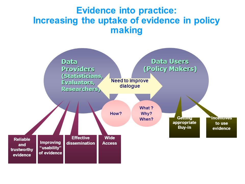 Evidence into practice: Increasing the uptake of evidence in policy making Data Providers (Statisticians, Evaluators, Researchers) Data Users (Policy Makers) Need to improve dialogue Improving usability of evidence Reliable and trustworthy evidence Getting appropriate Buy-in Incentives to use evidence What .