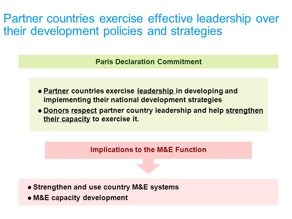 Partner countries exercise effective leadership over their development policies and strategies Partner countries exercise leadership in developing and implementing their national development strategies Donors respect partner country leadership and help strengthen their capacity to exercise it.