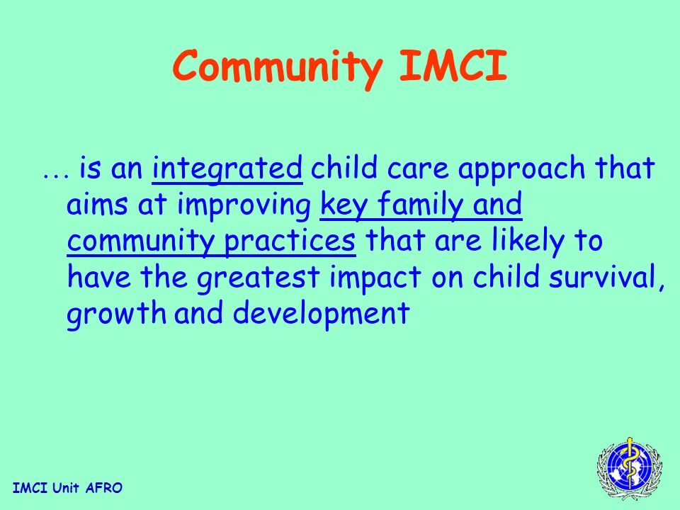 IMCI Unit AFRO Going to scale: Experience with Community IMCI Meeting of RBM and IMCI Task Forces 24 th –26 th September 2002 Harare, Zimbabwe Presentation by IMCI AFRO