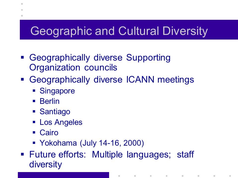 Geographic and Cultural Diversity Geographically diverse Supporting Organization councils Geographically diverse ICANN meetings Singapore Berlin Santiago Los Angeles Cairo Yokohama (July 14-16, 2000) Future efforts: Multiple languages; staff diversity