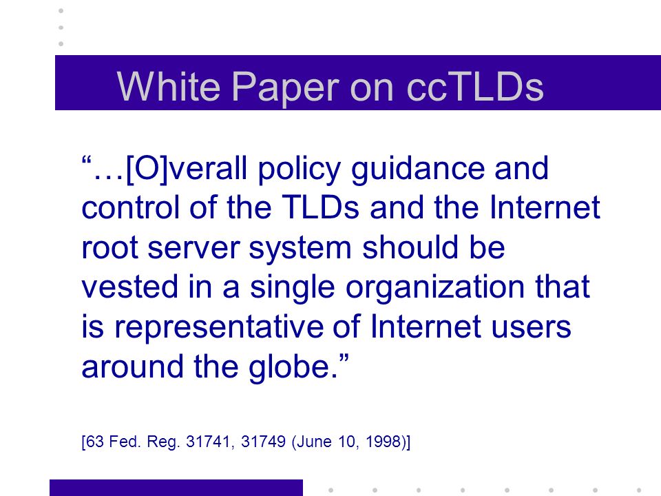 White Paper on ccTLDs …[O]verall policy guidance and control of the TLDs and the Internet root server system should be vested in a single organization that is representative of Internet users around the globe.