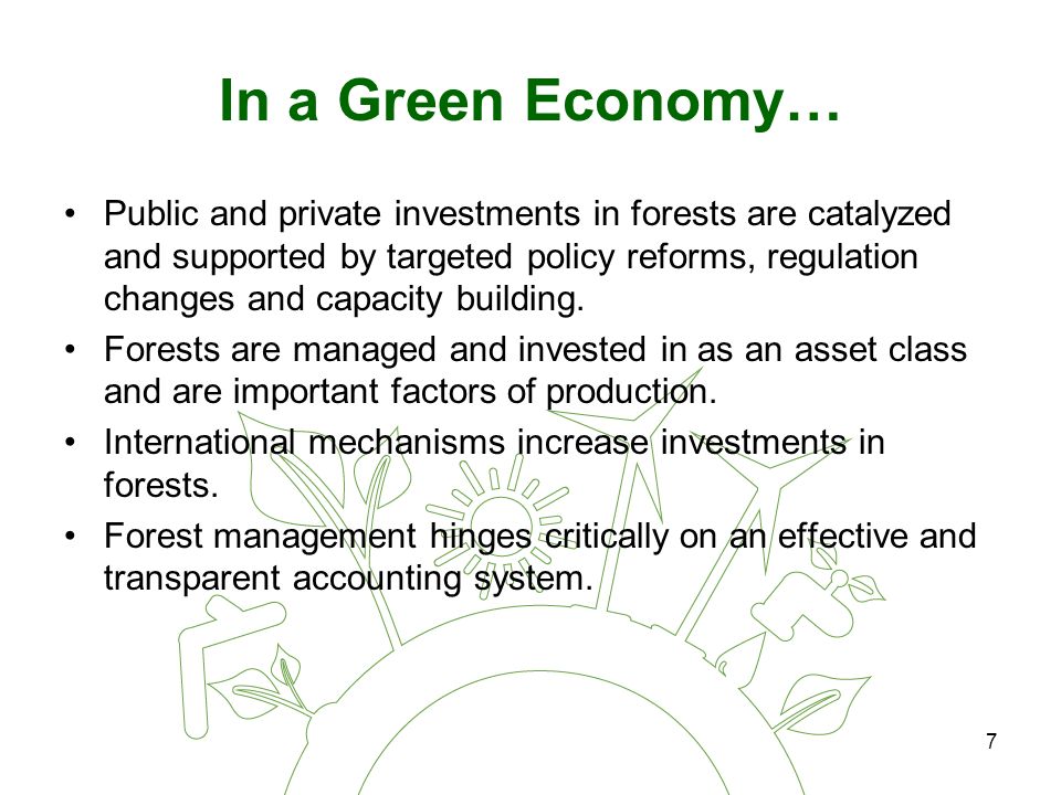7 In a Green Economy… Public and private investments in forests are catalyzed and supported by targeted policy reforms, regulation changes and capacity building.
