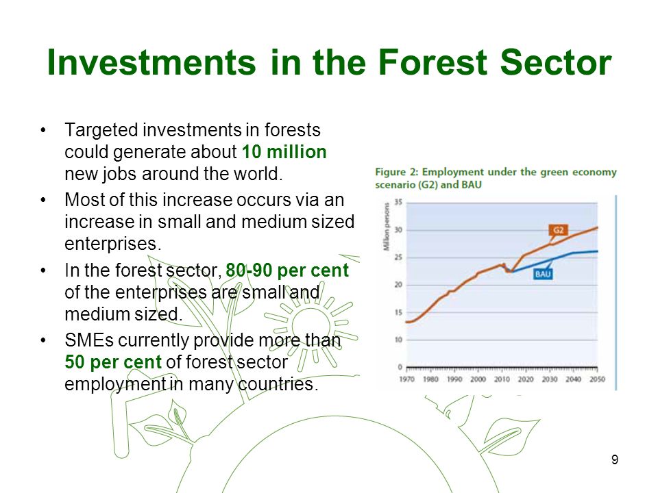 9 Investments in the Forest Sector Targeted investments in forests could generate about 10 million new jobs around the world.
