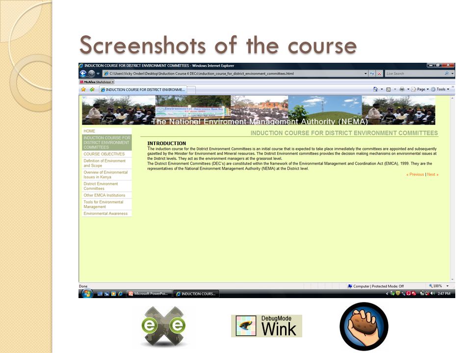 Screenshots of the course