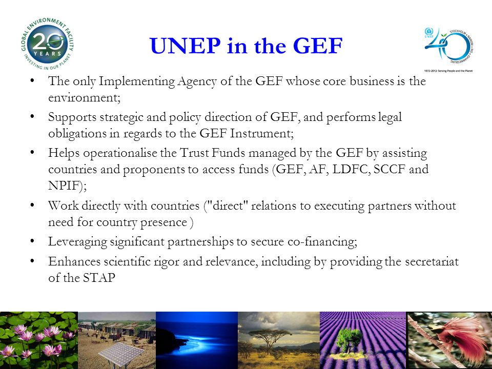 UNEP in the GEF The only Implementing Agency of the GEF whose core business is the environment; Supports strategic and policy direction of GEF, and performs legal obligations in regards to the GEF Instrument; Helps operationalise the Trust Funds managed by the GEF by assisting countries and proponents to access funds (GEF, AF, LDFC, SCCF and NPIF); Work directly with countries ( direct relations to executing partners without need for country presence ) Leveraging significant partnerships to secure co-financing; Enhances scientific rigor and relevance, including by providing the secretariat of the STAP